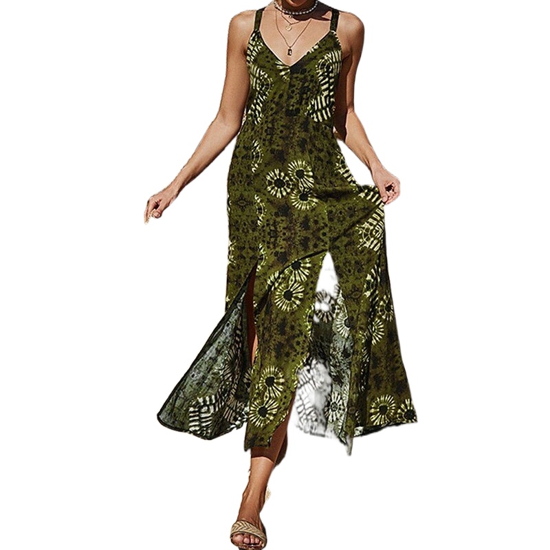 robe de sangle pour femmes maxi longue robe armée verte imprimé sans manches imprimé été v cou de cou sexy 2022 s m l xl t9Uy #