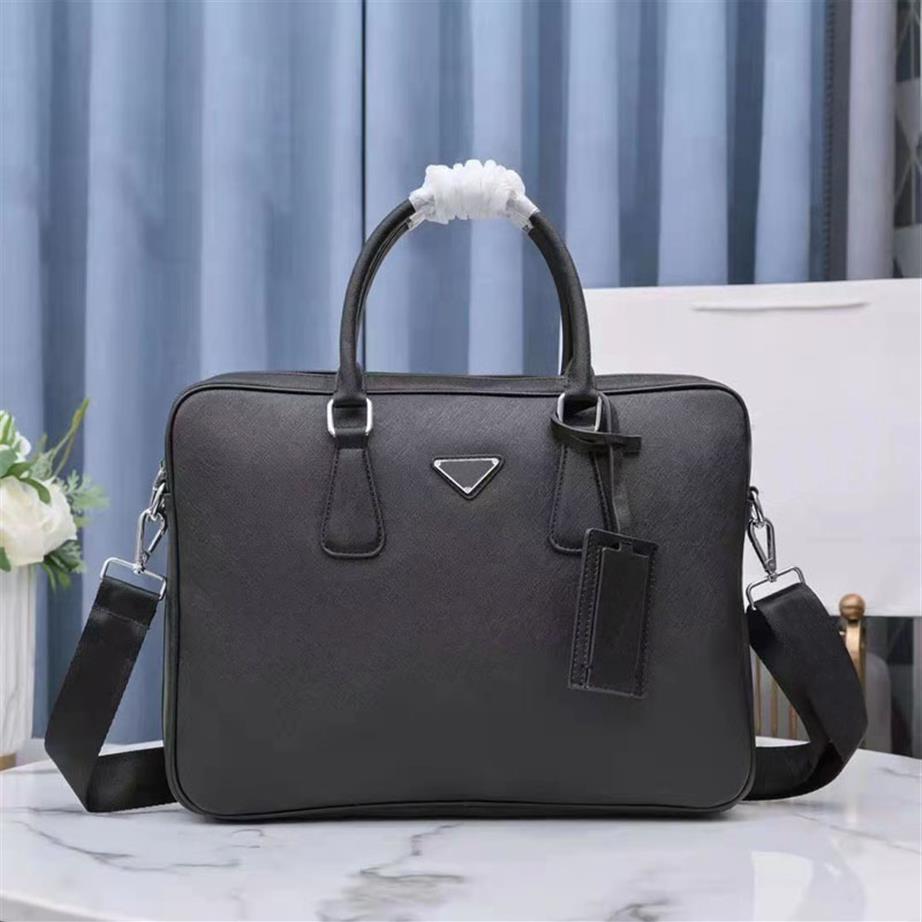 

Luxurys Men Business Briefcase One Shoulder Diagonal Handbag Computer Bag Genuine Leather Zipper Letter Canvas Interior Simple Cas307Q, Black