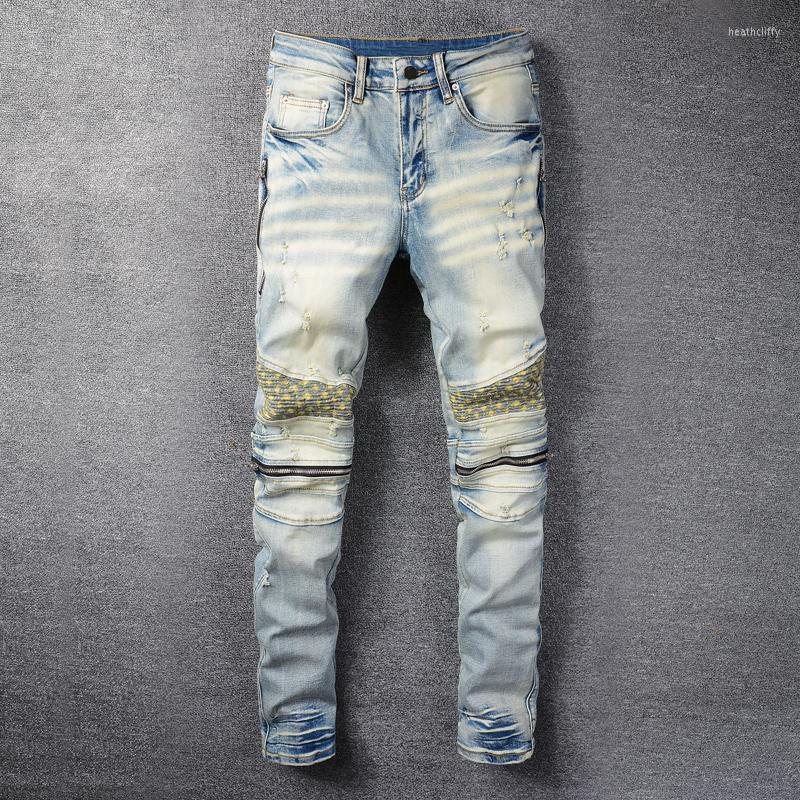 

Men's Jeans Street Style Fashion Men Retro Blue Elastic Slim Fit Spliced Designer Biker Patched Hip Hop Ripped Denim PantsMen's Heat22, Retro light blue