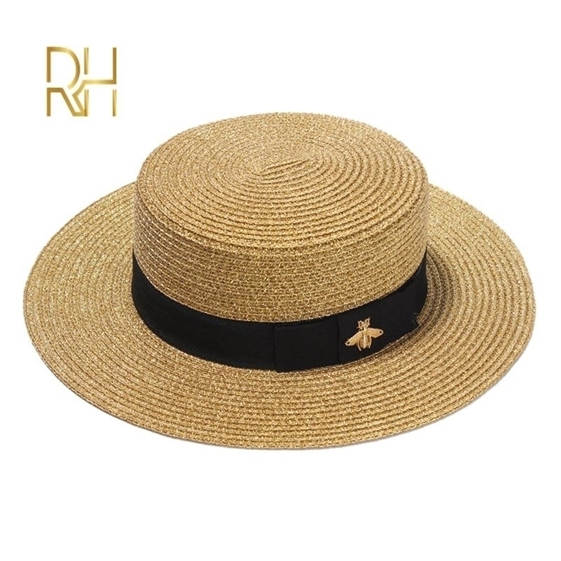 

Ladies Sun Boater Flat Hats Small Bee Sequins Straw Hat Retro Gold Braided Hat Female Sunshade Shine Flat Cap RH 220811, Cream white-2