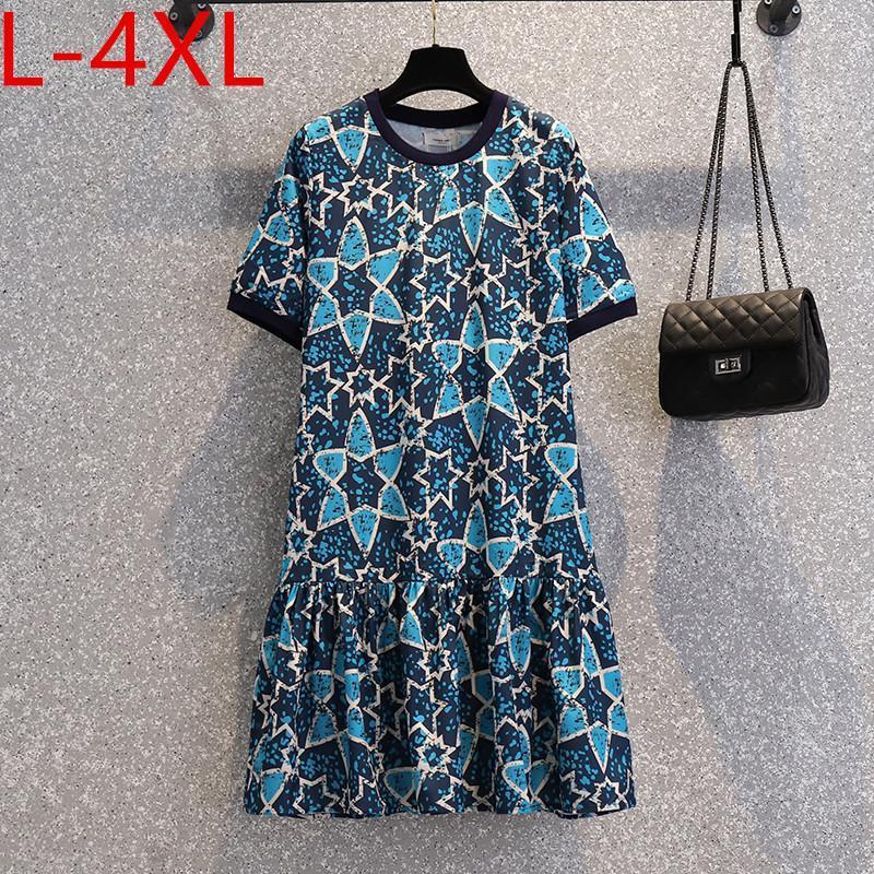 

Plus Size Dresses Fit Weight 50-100KG Dress For Women 2022 Summer Large Print O-Neck Short Sleeve Ruffles  XL 2XL 3XL 4XL Echm22, Blue