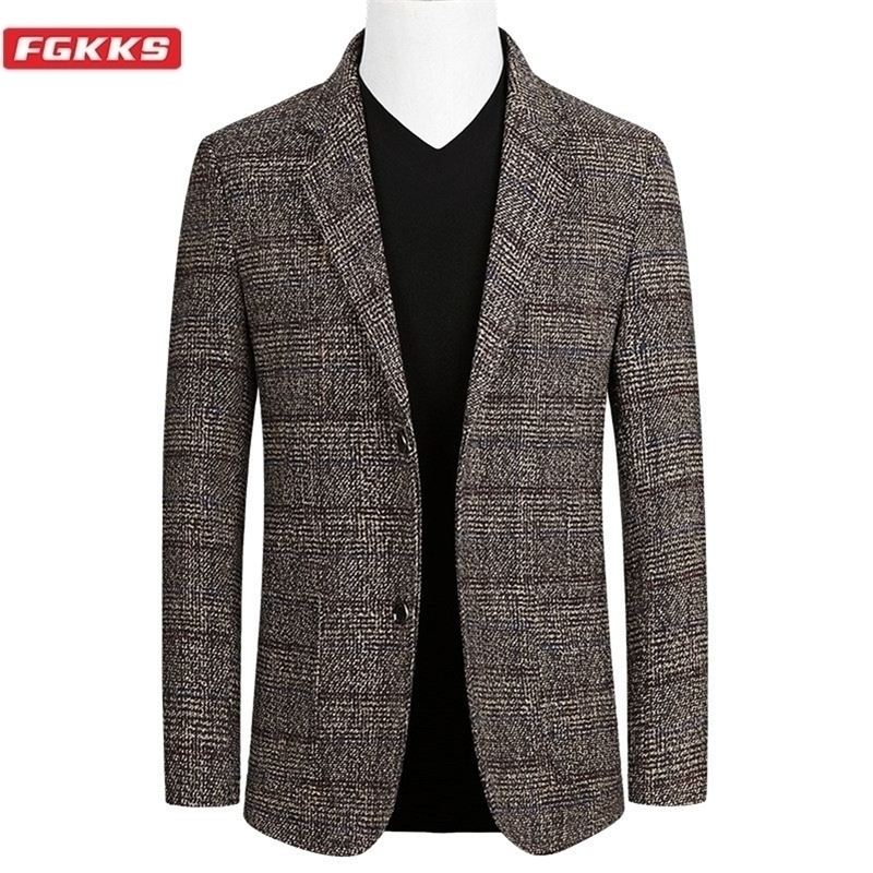 

FGKKS Short Blazer Mens Plaid British Stylish Male Blazer Suit Jacket Business Casual One Button Blazer For Men Regular 201104, Gray