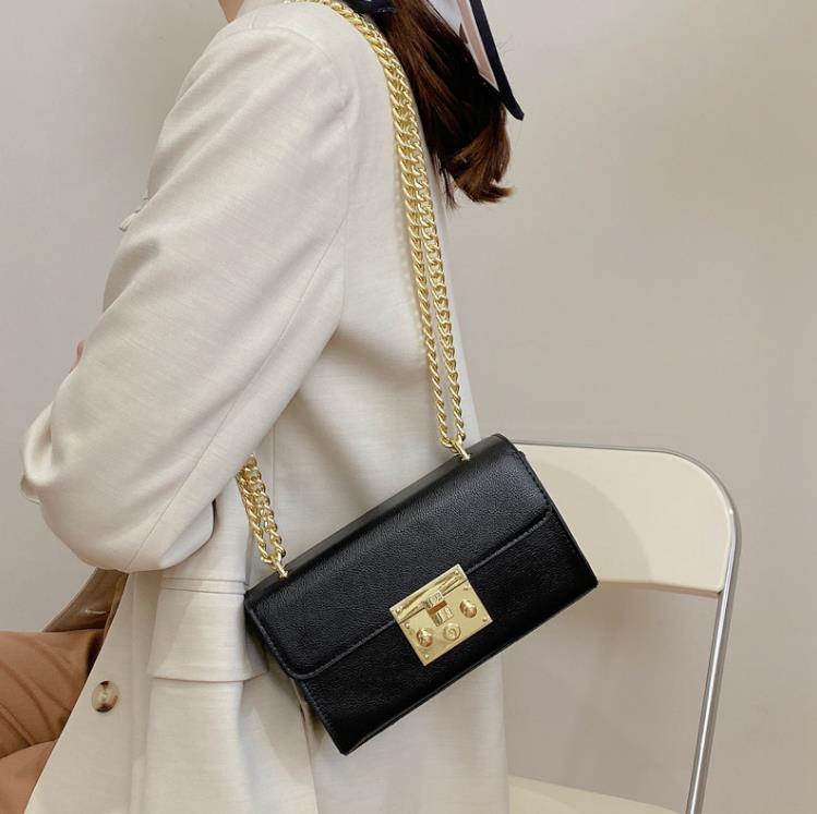 

Women's Bag 2021 Embossed Chain One-Shoulder Small Square Lock Luxury Messenger Bags, Black