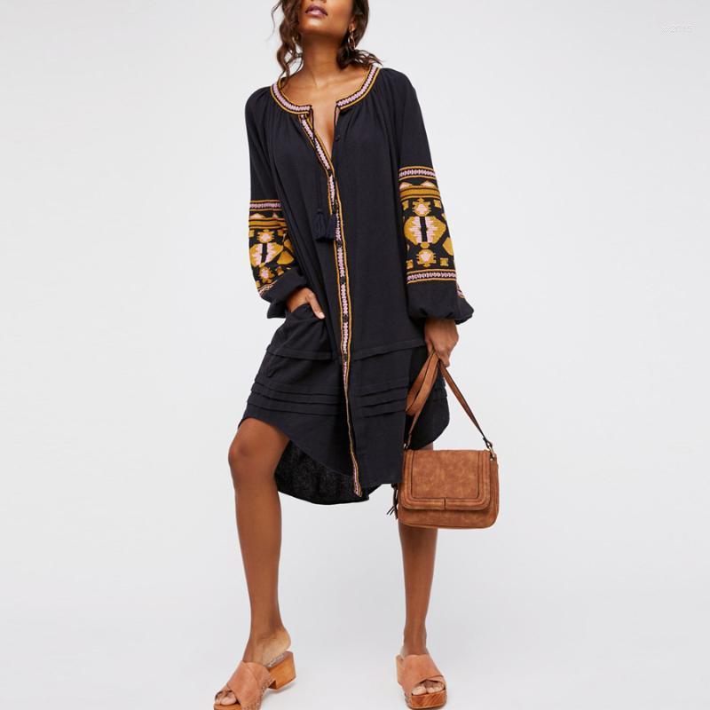 

Casual Dresses AYUALIN Boho Dress 2022 Autumn Cotton Floral Embroidery Lantern Long Sleeve O-neck Loose Style Hippie Brand Women, Black