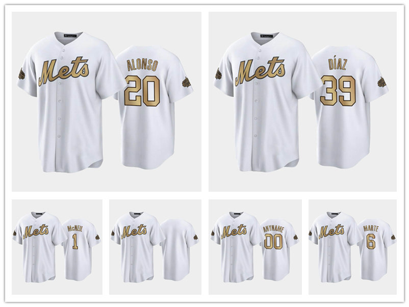 

2022 All-Star NL New York''Mets''MEN White #6 Starling Marte #39 Edwin Diaz #1 Jeff McNeil #20 Pete Alonso Replica baseball Jersey