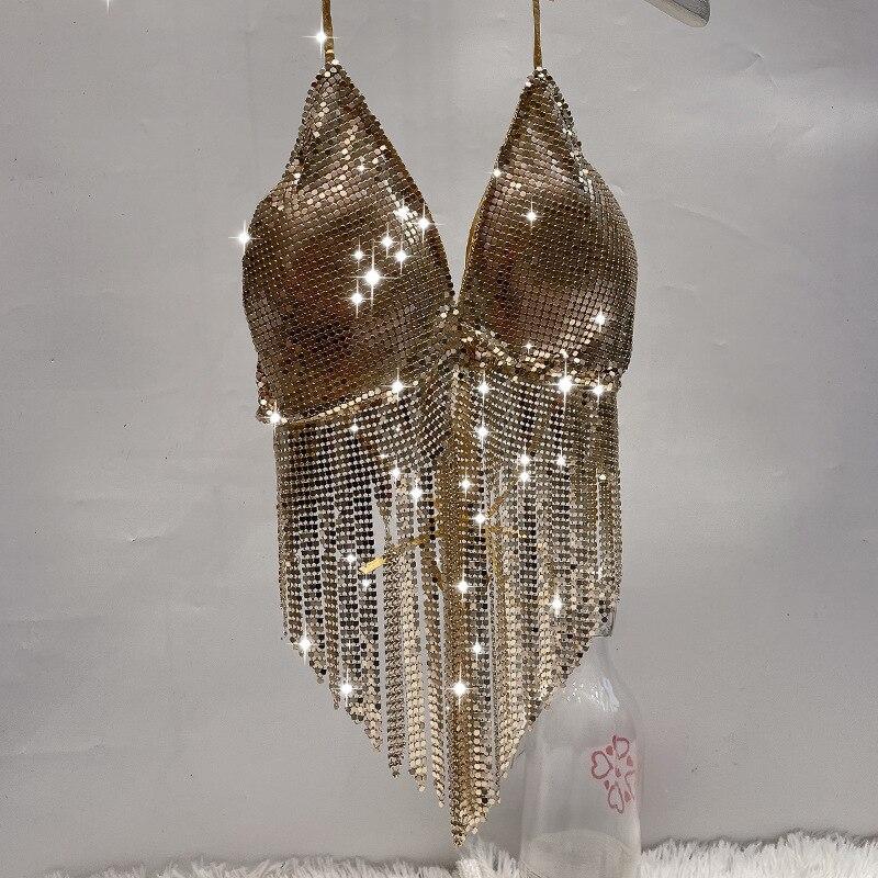 

Women's Swimwear Women Sexy Metal Aluminum Glitter Bra Fashion Dancing Fringe Costume Sequined Tassel Top Nightclub Bikini BraWomen's, Gold