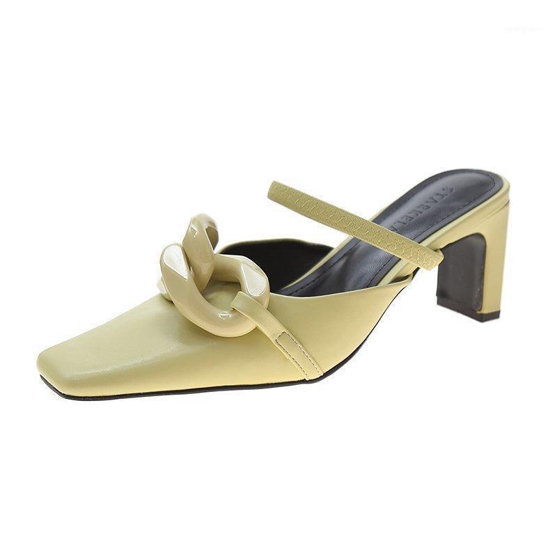 

Slippers 2022 Summer Women's Shoes Slip-On Solid Metal Decoration Cover Toe Fashion Sweet Sexy High Heels Square Heel, Black