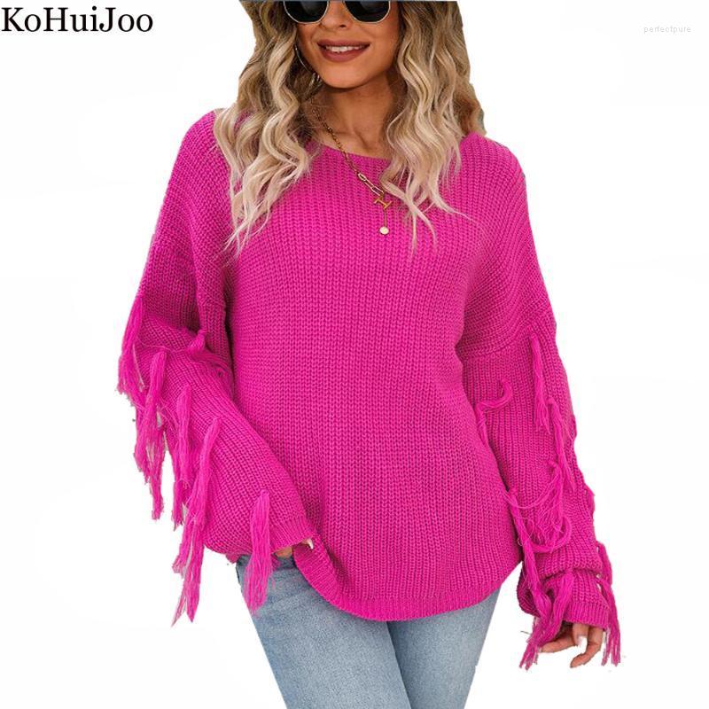 

Women' Sweaters KoHuiJoo 2022 Autumn Winter Knitted Sweater Female Tassels Personality Fashion O-Neck Loose Solid Top Purple OversizeWomen, Black