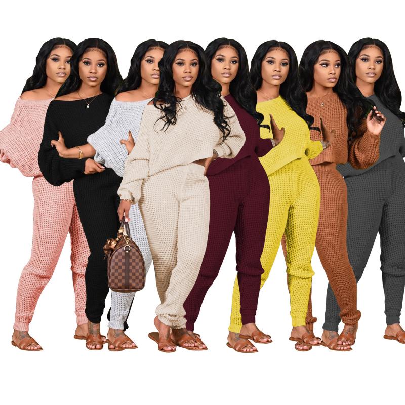 

Women' Two Piece Pants 25M1125 Autumn Women Casual Fashion Solid Color Bat Sleeve Sweater Set Top And Tracksuit Sweatsuit Outfits, Pink