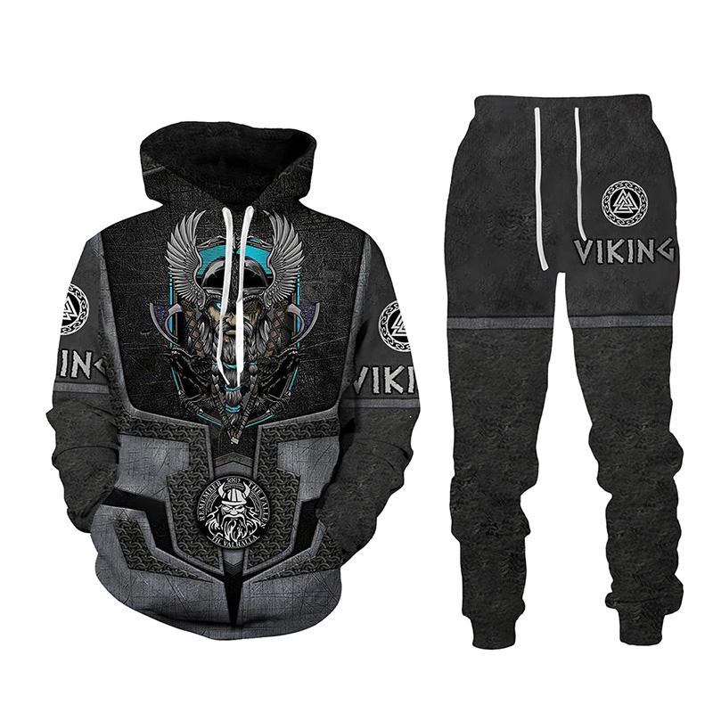 

Men's Tracksuits Viking Style 3D Hoodie Trouser Suit Sportswear Front Pocket Pullover Pants European And American Fashion Two-piece Retro De, Gray