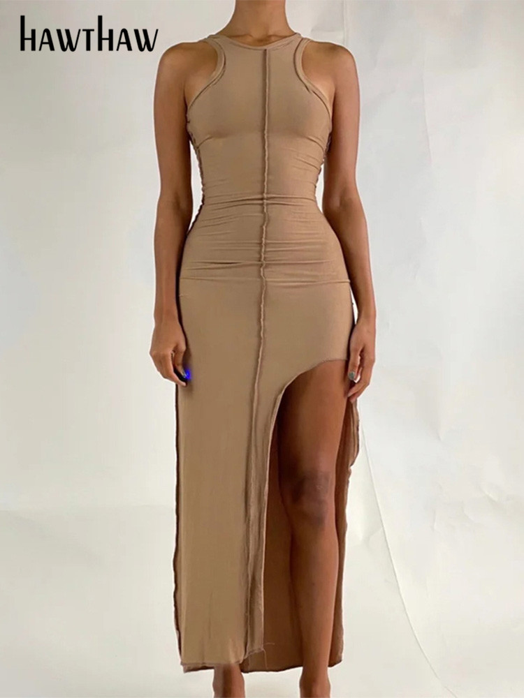 

Hawthaw Women Summer Patchwork Bodycon Solid Color Sleeveless Split Long Tank Dress 2021 Female Clothing Streetwear Wholesale, Black