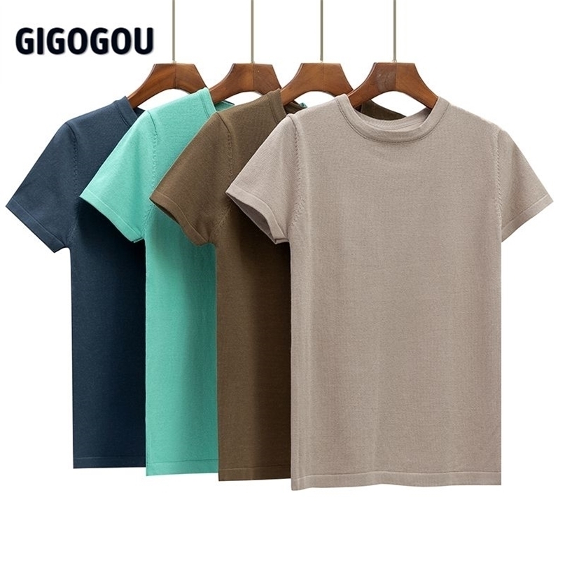 

GIGOGOU Basic Cotton Summer T Shirt Women Knitted Short Sleeves Tee High Elasticity Breathable O Neck Female Top Tshirt 220402, Green n223