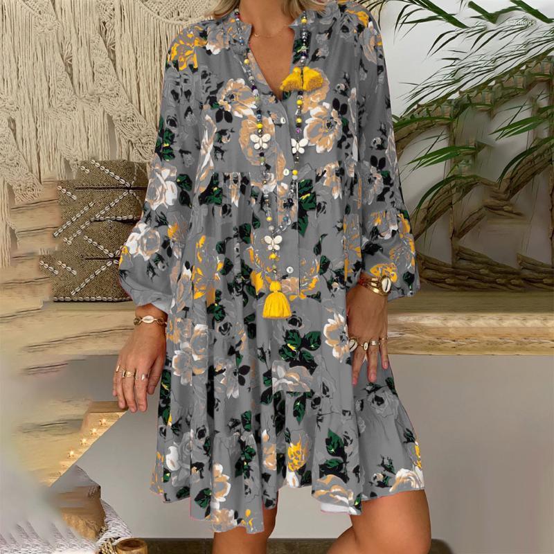 

Plus Size Dresses Women'S Button Midi Dress Lady Bohemian Loose Print Three Quarter Sleeve Folk-Custom Deep V-Neck Summer Woman Echm22, Gray