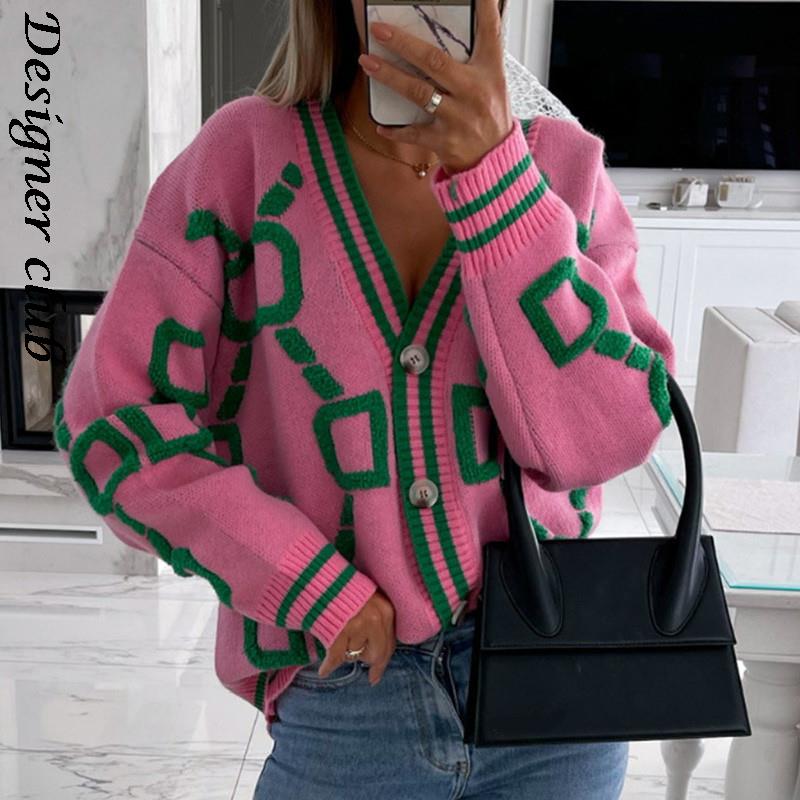 

Women Cardigan Green Striped Pink Knit Button Lady Cardigans Sweaters V-neck Loose Casual Winter Fashion Knitted Coat, Haa1394-pk