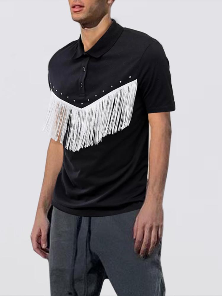

Men' Casual Shirts Fashion Men Shirt Tassel Lapel Short Sleeve 2022 Solid Color Clothing Summer Streetwear Leisure Camisas -5XL INCERUNMen, Black