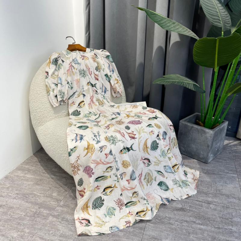 

Casual Dresses Spring Arrival Women European Fashion Fish Coral Seaweed Print O-Neck Puff Sleeve Natural Linen Vintage Mid-Calf DressCasual, Multi