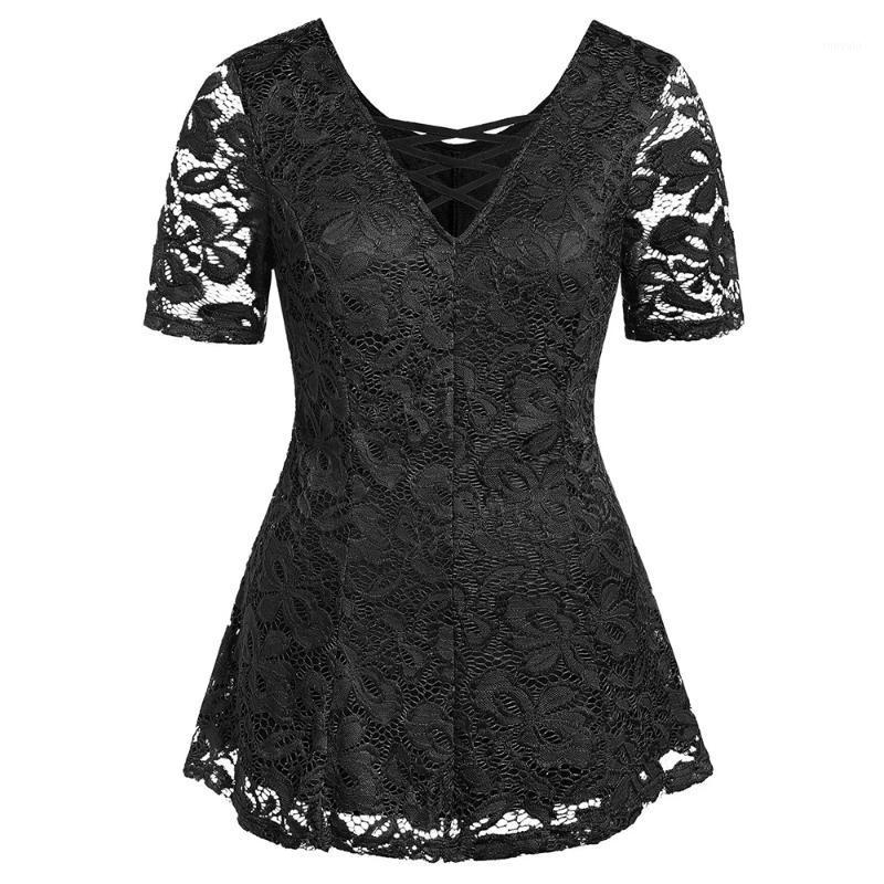

Women Black Top Summer Lace Sexy V Neck Floral Printed Short Sleeve Blouse Casual Shirt Solid Color Female Hollow Out Q30 Women's Blouses &