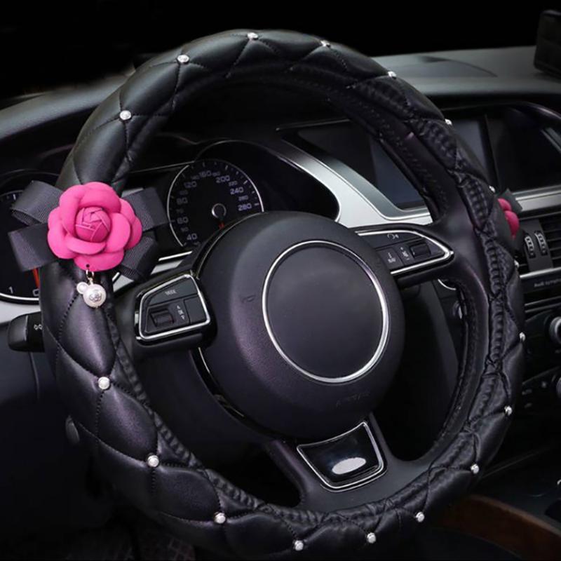 

Steering Wheel Covers Fashionable Universal Camellia Leather Car Cover Diamond Bling Assessoires Interior For Women GirlsSteering