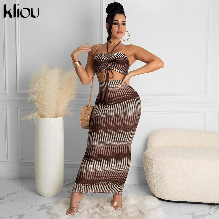 

Aesthetic Print Two Piece Set Women Skirt Sexy Ribbons Lace Sleeveless Strapless Vest Top+Side Slit Sheath Slim Party Wear, Ki