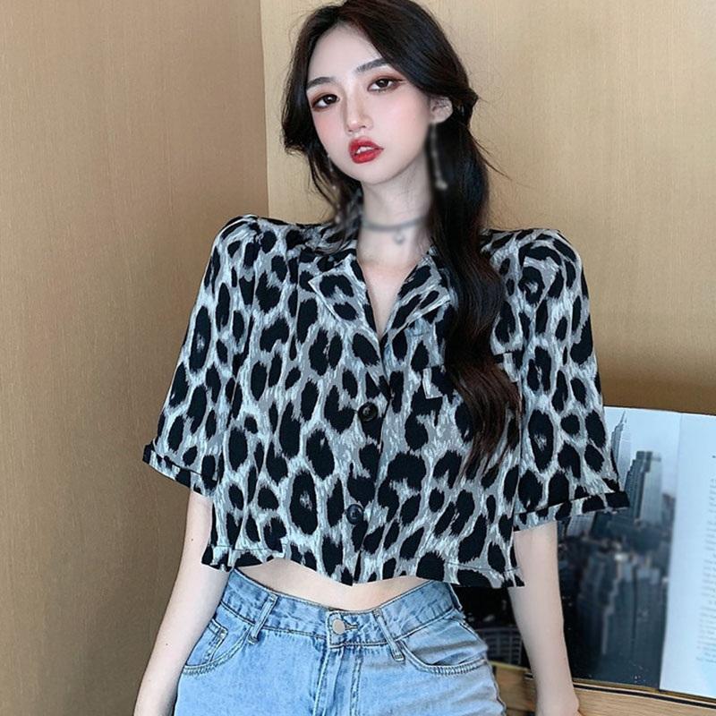 

Women's Blouses & Shirts Women High Waist Short Leopard Print Thin Cropped Sleeve Top, As pic