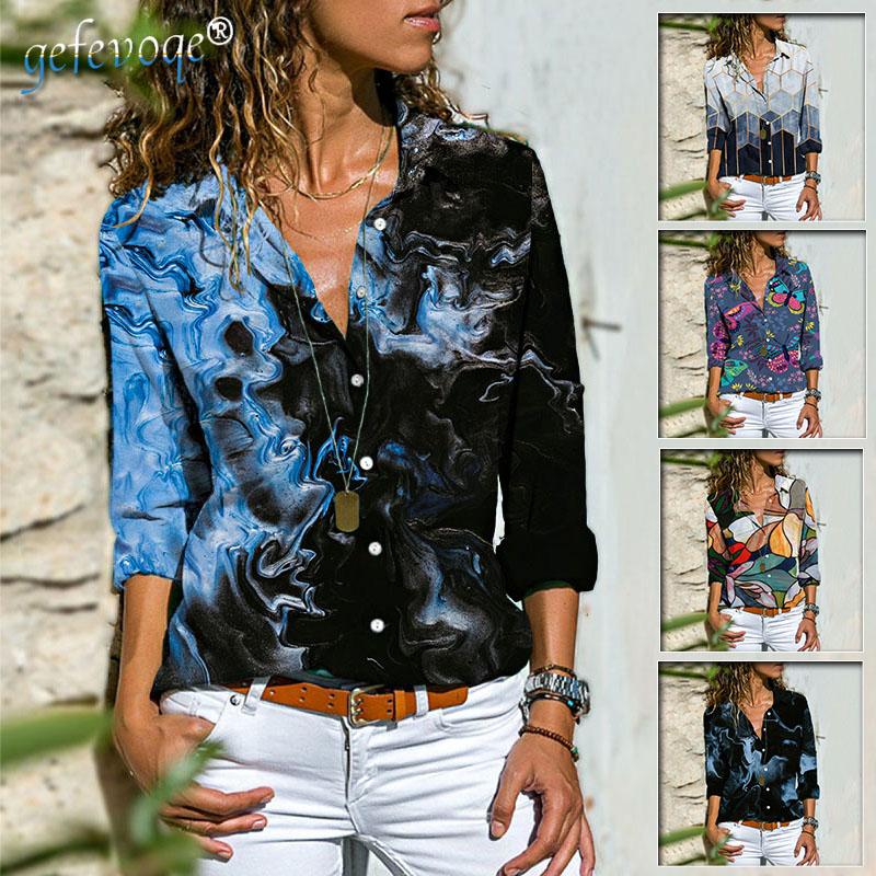 

Women's Blouses & Shirts Lady Fashion Harajuku Print Long Sleeve Top Female V-neck Cardigan Single-breasted Plus Size Shirt Slim Turn-down C, 22