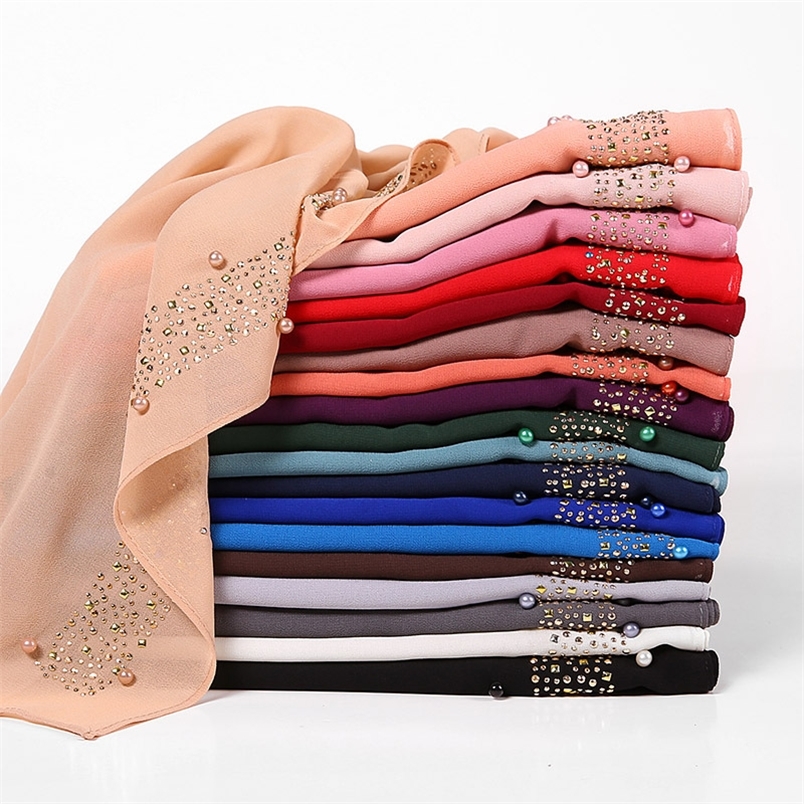 

Muslim Bubbles Chiffon Scarf Shiny Hijab With Diamond Pearls Plain Fashion Shawls Wraps hijab 220704
