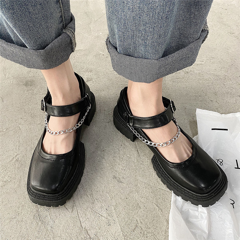 

Perancang Busana Sepatu Motor Rantai Kulit Hitam Wedges Platform Punk Gotik Wanita Sepatu Flat Chunky Ujung Persegi Sepatu Mary Jane 220614, Black