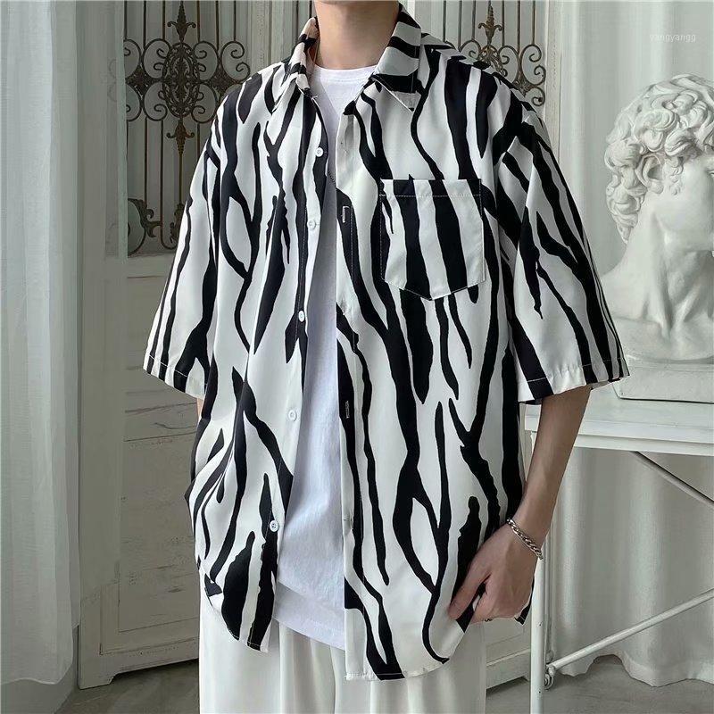 

Men's Casual Shirts Zebra Print Short-sleeved Shirt 2022 Summer Korean Version Of The Loose Fashion Thin Five-point Sleeve Lapel Top, Black