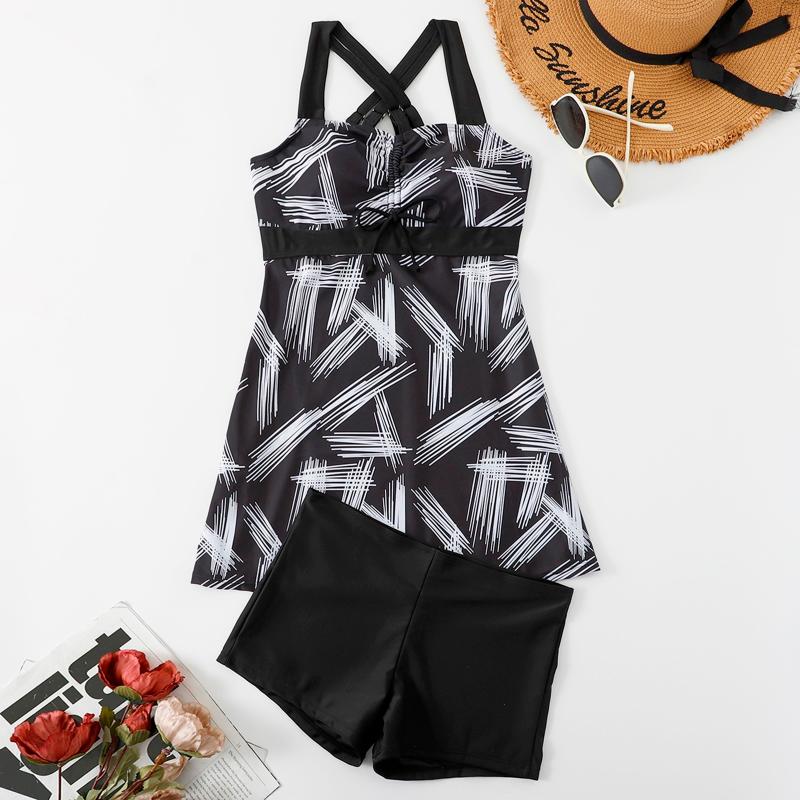 

Women' Swimwear Blouson Tankini Swimsuits For Women Loose Fit Floral Printed Two Piece Bathing Short Sleeve Suit Plus SizeWomen, Black