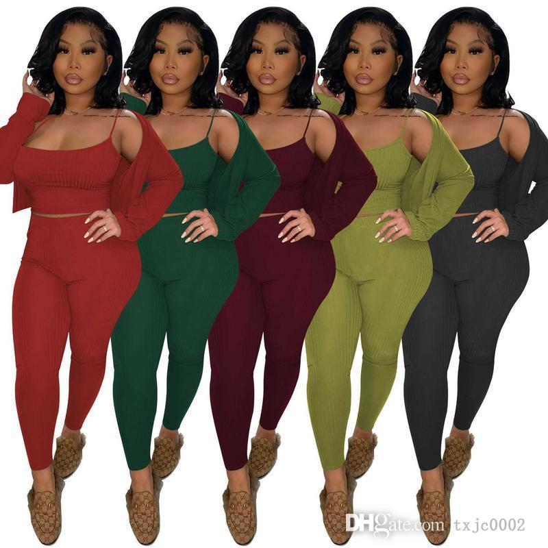 Fall Women Three Piece Pants Suit Sexy Crop Top And Cardigan Leggings Outfits Sportwear