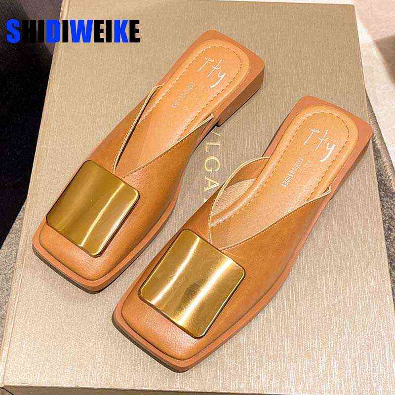 

Brand Designer Women Slippers Fashion Metal Buckle Mules Flat Heels Square Toe Shallow Shoes Outdoor Slide Female Casual Sandal 220519, Beige small buckle