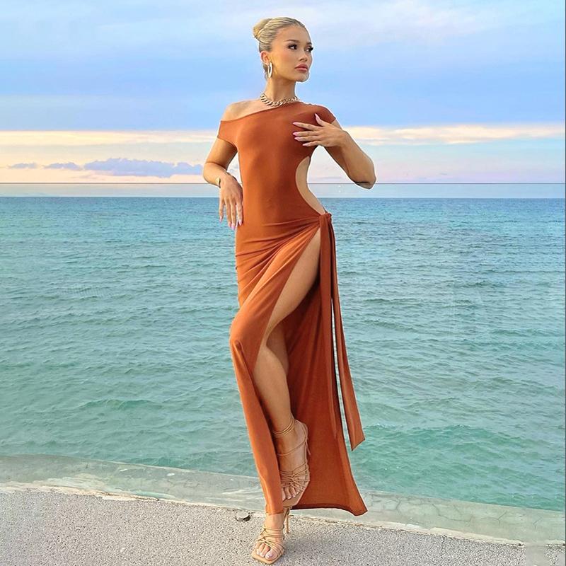 

Women' Swimwear Cover Up Beach Women Tunic For Kaftan Summer 2022 Pure Color Leisure Inclined Hollow Out Dress Bind Slim One SolidWomen, Brown