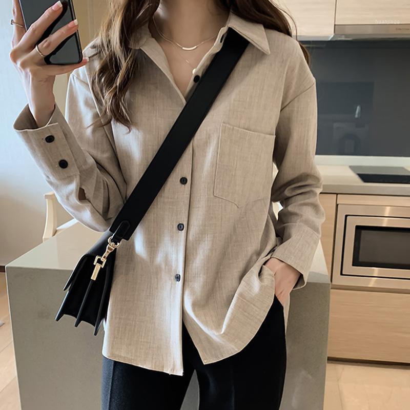 

Cotton Linen Shirts Womens 2022 Spring Long Sleeve Button Up Loose Oversize Large Plus Size Blouse With Pockets Streetwear Tops Women's Blou, Apricot