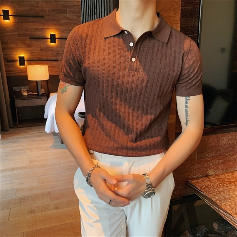 

High Quality Summer Ice Silk Short Sleeve Knitted Polo Shirt Men Clothing Turn Down Collar Slim Fit Casual Tee Shirt Homme 220402, Light green