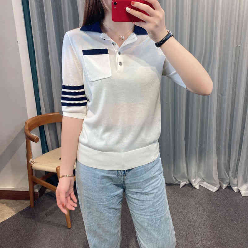 Pulls de femmes Tencel High Version TB Four Bar Polo Collar Collar Jacquard Pull