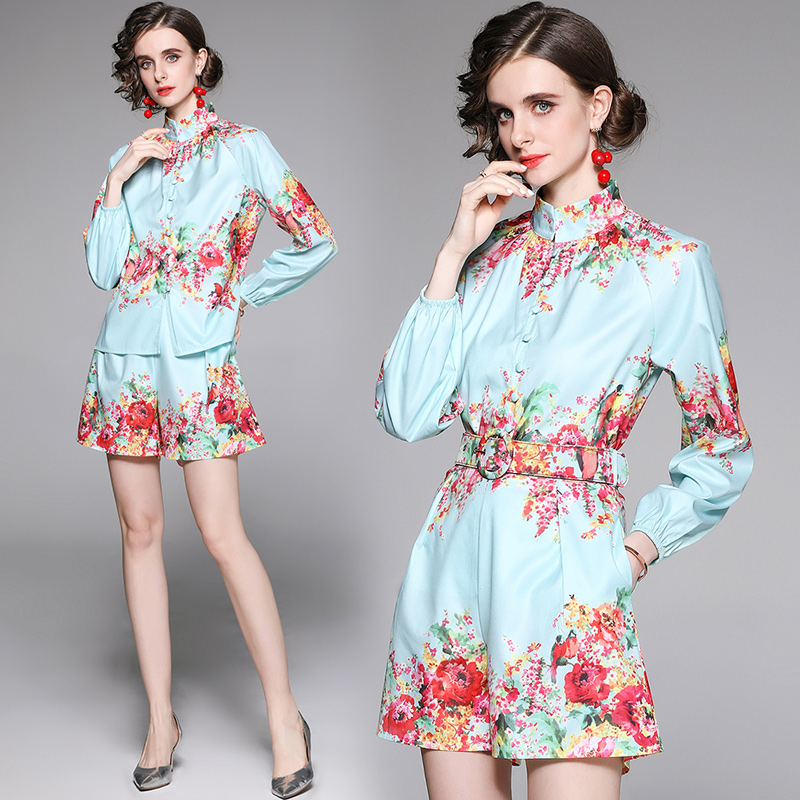 

2022 Designer Set Women Two Piece Pant Sets Long Sleeve Button Shirt And Casual Shorts Office Lady Urban Elegant Print Suit Spring Autumn Fashion Sweet Girl Suits