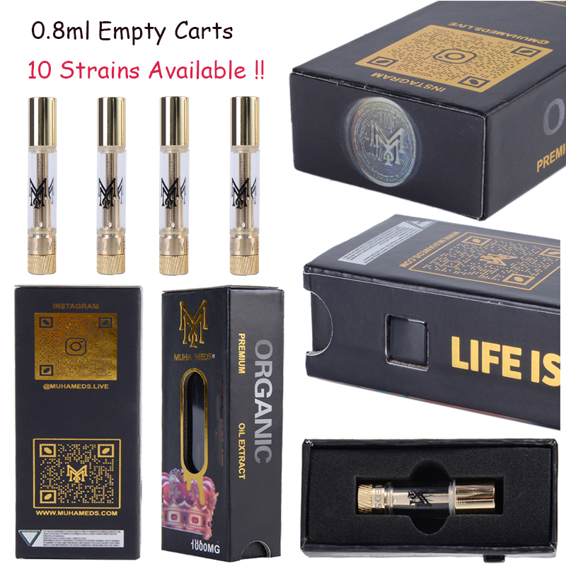 

10 Strains Atomizers Muha Meds Vape Cartridges Packaging Empty Carts 0.8ML Gold Glass Tank Thick Oil Vaporizer 510 Thread Ceramic Coil Starter Kits