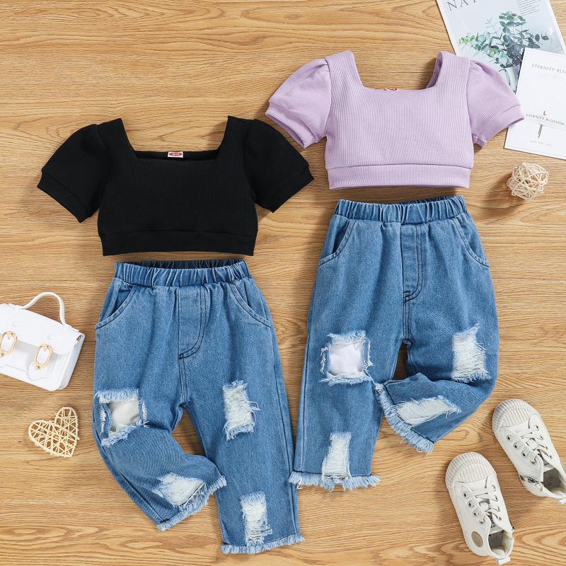 

Clothing Sets 0-3Y Fashion Baby Girls 2pcs Clothes Solid Short Puff Sleeve T Shirts High Waist Blue Denim PantsClothing, Black