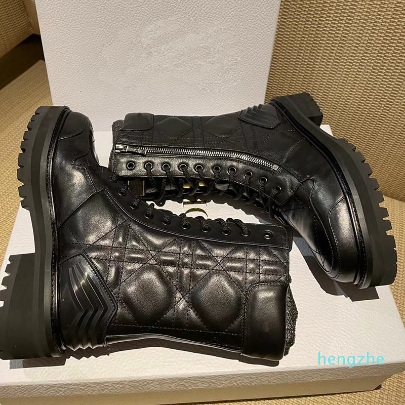 

designer Lingge short boots thick bottom color matching lace up leather side zipper versatile medium tank boots, Black