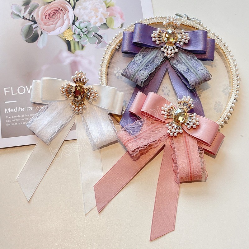 

Korean Pink Fabric Lace Bow Tie Brooches for Women Cross Pearl Crystal Shirt Collar Pins Fashion Brooch Wedding Party Jewelry