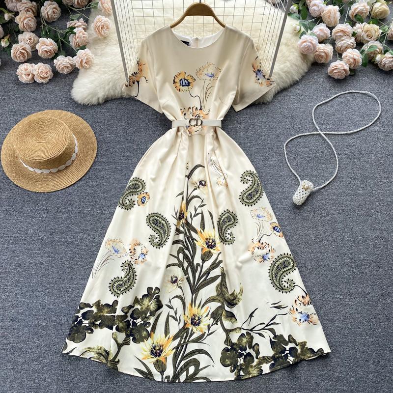 

Casual Dresses Women Fashion Summer Retro Print Thin A-line Banquet Dress Round Neck Short Sleeve Clothes Vestidos G998Casual, Apricot