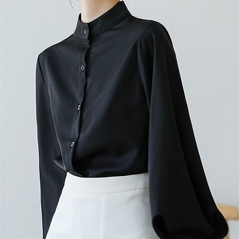 

Sungtin Vintage Lantern Sleeve Blouse Women Office Lady Black White Chiffon Shirt High Quality Loose Solid Korean OL Casual Tops 220813, Blue