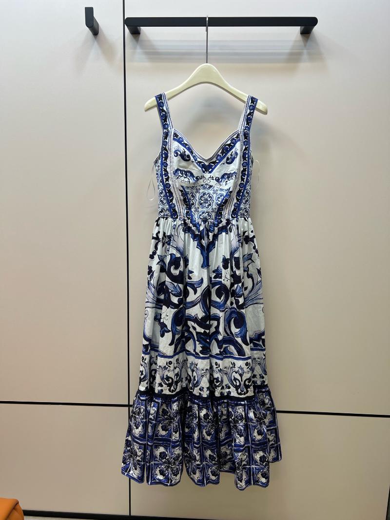 

Casual Dresses Women Fashion Sleeveless V-Neck Sling Splicing Sleeve Elastic Blue And White Porcelain Print Cotton Dress 0708Casual