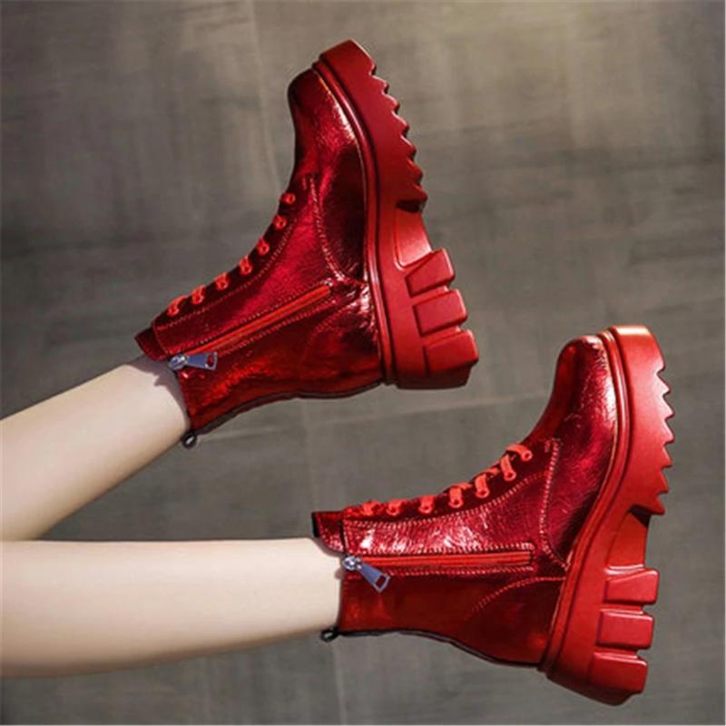 

Boots Platform Sneakers Winter Warm Leather Casual Ankle Female Fashion Chunky 7 CM High Heels Shoes Women 34-39 Black Red, Gun colors