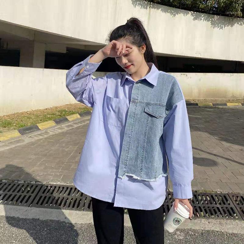 

Women's Blouses & Shirts Blouse Fashion Patchwork Women Summer Autumn Long Sleeve Casual Loose Pockets Oversize Outwear Female Mujer De Moda, Purple