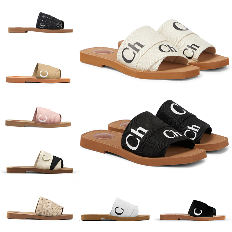 

Designer Woody sandals Rubber for women Mules flat slides Toe tan beige black pink lace Lettering Fabric canvas slippers womens summer Beach shoes