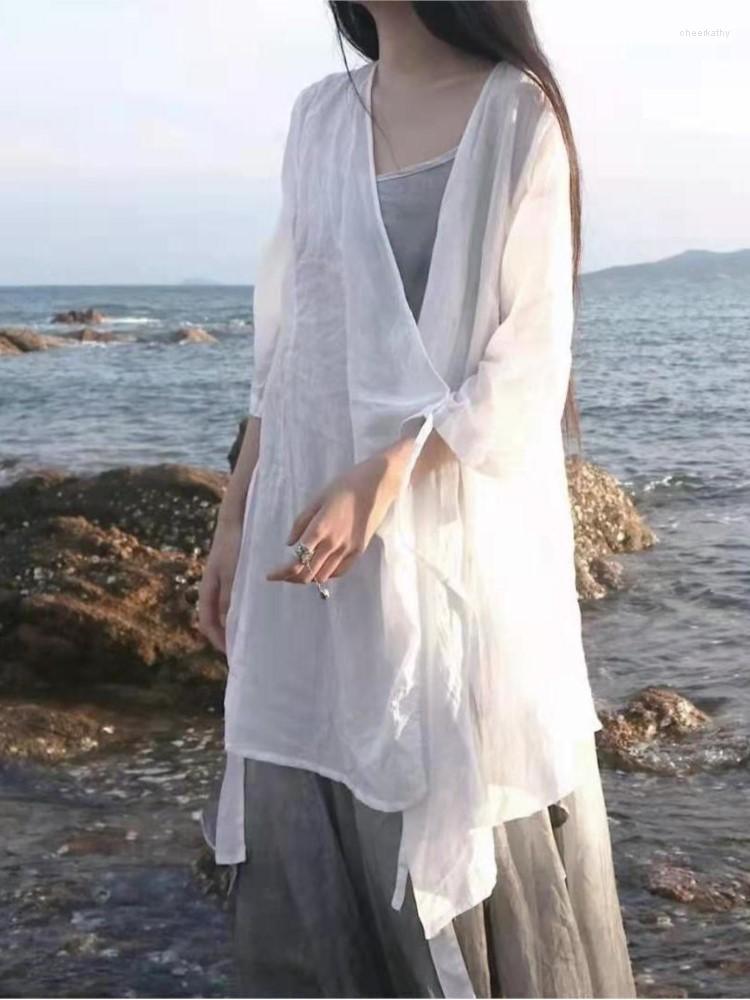 

Women's Blouses & Shirts Polyester Women Shirt Sunscreen 2022 Summer Clothing Cardigan Half Sleeve Thin Fashion White Tops Female YoYiKamomo