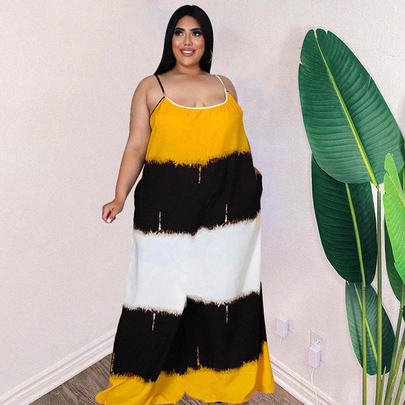 

Plus Size Dresses Patchwork Backless Long Dress Loose Waist Casual Wholesale Maxi Woman SummerPlus, Orange