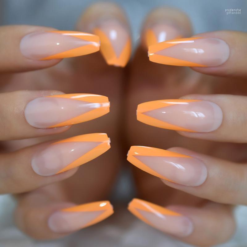 

False Nails Arrival Nail Tips Long Coffin Shape Acrylic Design French Orange Border For Party 24 Pcs Prud22, L5632