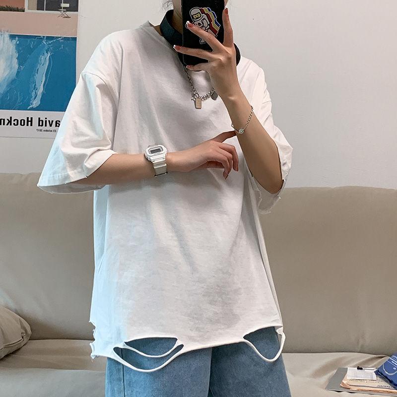 

Men' T-Shirts T-shirt Short Sleeves Round Collar Summer Trend Ragged Edge Loose Male Female Couples Solid Color Tops Streetwear, Black